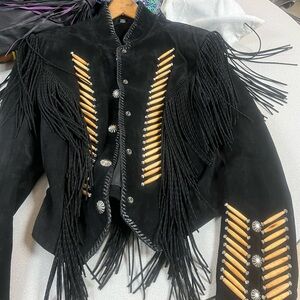 Elegant Black Leather Jacket with Tan Fringe